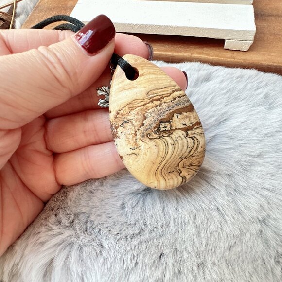 Large Picture Jasper with Maple Leaf Pendant on Black Cord Necklace - Picture 3 of 5